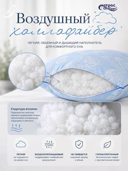Подушка холлофайбер Стандарт (голубые розы)