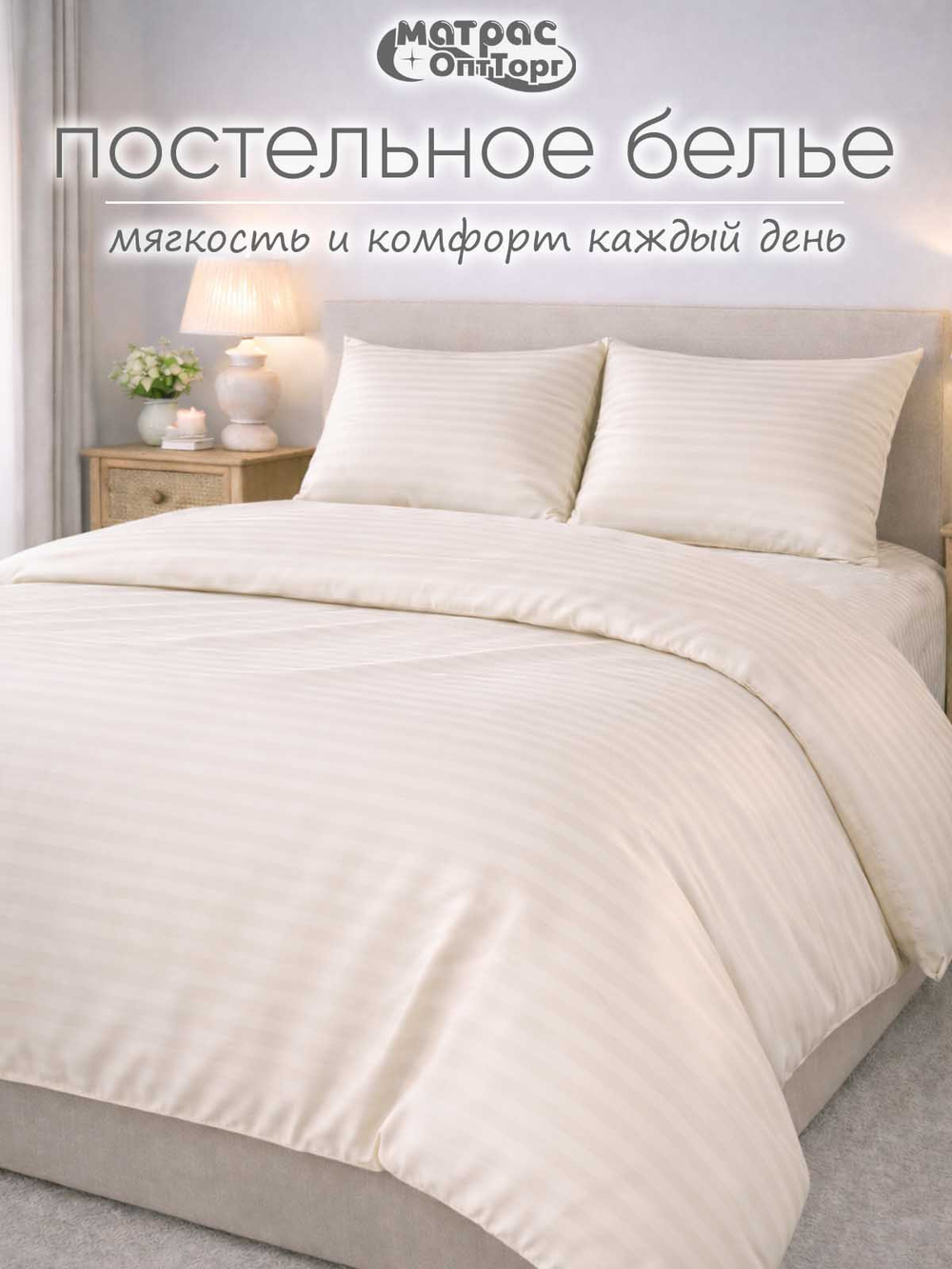 Комплект постельного белья микросатин сливочный крем (полоса 1х1, плотность:90гр/м2, состав:100% пэ)